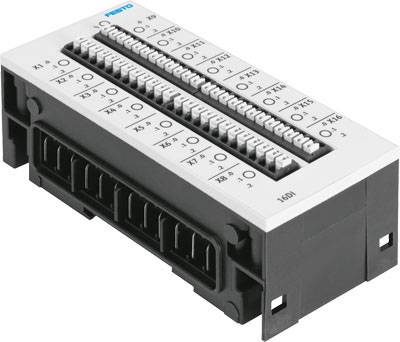 Ein elektrisches Verbindungsmodul mit mehreren Anschlüssen und Beschriftungen auf der Oberseite, verwendet für industrielle Anwendungen.