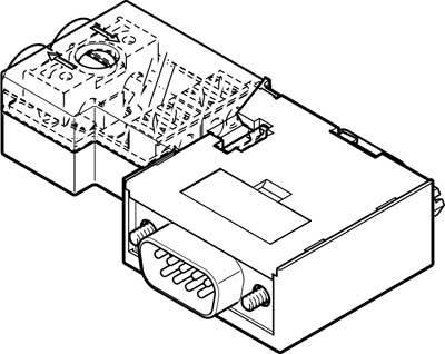 Strichzeichnung eines Steckverbinders mit mehreren Kabelanschlüssen und Verriegelungsmechanismus, verwendet für elektrische Verbindungen.