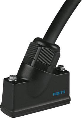 Schwarzer Steckverbinder mit Kabel, zwei Schrauben, und blauem 'FESTO'-Logo. Geeignet für industrielle Anwendungen.
