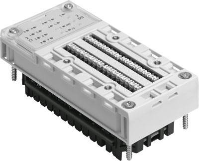 Ein rechteckiges elektrisches Verbindungselement mit mehreren Anschlussklemmen und Schrauben, geeignet für komplexe Verkabelungen.
