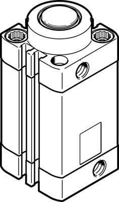 Zeichnung eines rechteckigen mechanischen Teils mit zylindrischem Aufsatz und mehreren Öffnungen an den Seiten.