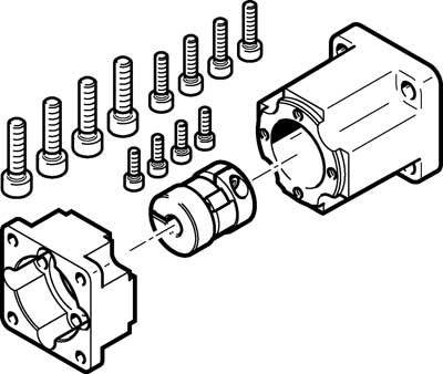 Explosionszeichnung eines mechanischen Bauteils mit Schrauben, Gehäuseteil und Rotor. Zeigt Montage der Teile in einem Motor.