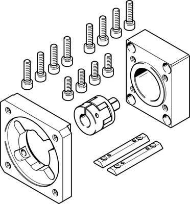 Explosionszeichnung eines mechanischen Bauteils mit Schrauben, zwei rechteckige Platten und einem zylindrischen Mittelstück im Zentrum.