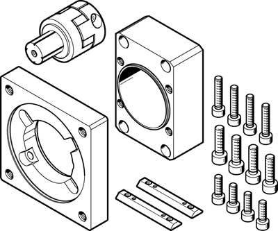 Explosionszeichnung eines Mechanismus mit Schrauben, Platten und einer zylinderförmigen Komponente. Zeigt Zusammenbau der Teile.