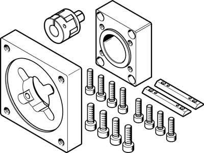 Technische Zeichnung eines Maschinenteils mit Schrauben und Bolzen in verschiedenen Anordnungen, schematische Ansicht von zwei Hauptkomponenten.