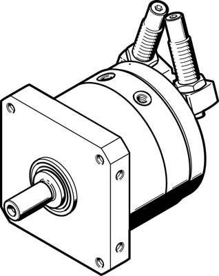 Illustration eines Hydraulikmotors mit Montageflansch und zwei Anschlüssen, zeigt die Struktur und Details des Motors.