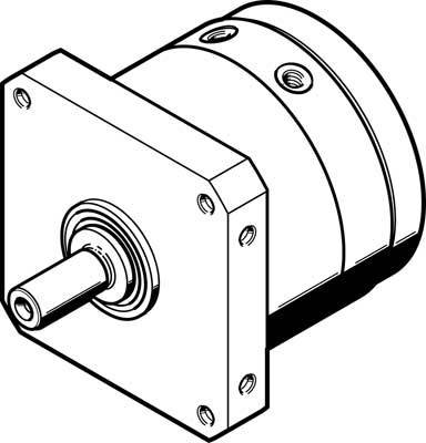 Zeichnung eines zylindrischen Getriebemotors mit quadratischer Montageplatte und vier Befestigungslöchern an den Ecken.