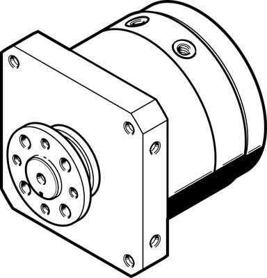 Technische Zeichnung eines zylindrischen Getriebes mit einer rechteckigen Montageplatte, Schraubenlöchern und sichtbaren Zahnrädern.