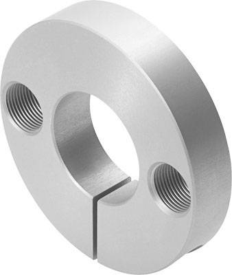 Runde Metallscheibe mit großem zentralen Loch und zwei kleineren Gewinden auf beiden Seiten.