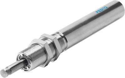 Zylinderförmiger Pneumatikzylinder aus Metall mit der Aufschrift 'FESTO'.
