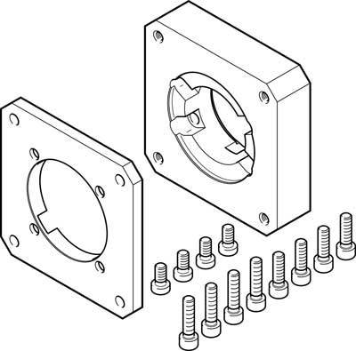 Zwei quadratische Metallplatten mit zentralen Aussparungen. Darunter zehn Schrauben in zwei Reihen. Hinweis auf Montagebestandteile.