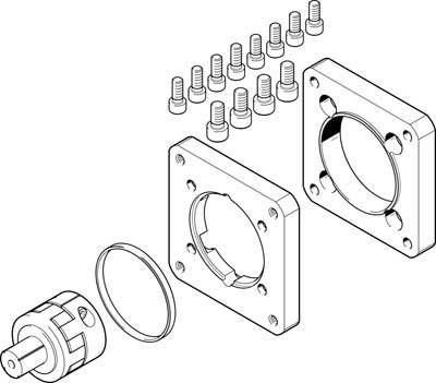 Explosionszeichnung eines mechanischen Bauteils mit zwei Platten, einem zylindrischen Teil und mehreren Schrauben zur Montage.