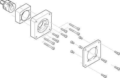 Explosionszeichnung eines Maschinenbauteils mit Schrauben und Halterungen, zeigt die Montagereihenfolge und Struktur der Teile.