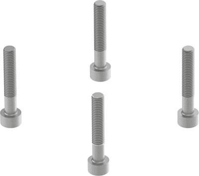 Vier silberne Schrauben stehen vertikal auf einer weißen Fläche, symmetrisch im Quadrat angeordnet.