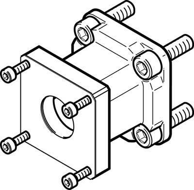 Technische Zeichnung eines Flanschs mit einer quadratischen Platte und acht Schrauben. Der Flansch hat eine zentrale Öffnung.