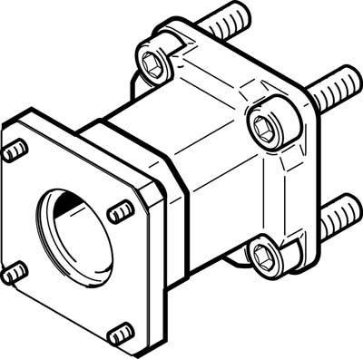 Technische Zeichnung eines Montageflansches mit Schrauben, Bolzen und zentralem Rohrdurchgang.