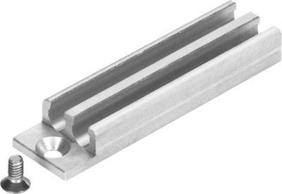 Langes, silbernes Metallprofil mit T-Nut-Schiene und rundem Loch an einem Ende, daneben eine kleine Schraube.