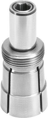 Eine silberne Metallspannzange mit Rillen und einem zylindrischen Ende, verwendet in Maschinenteilen zur Fixierung von Werkstücken.