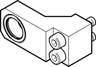 Technische Zeichnung eines rechteckigen Metallblocks mit zwei Schrauben auf der rechten Seite und einer runden Öffnung auf der linken Seite.