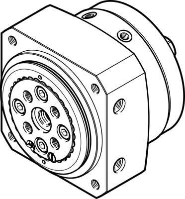 Schwarz-weiße technische Zeichnung eines mechanischen Bauteils, möglicherweise eines Kugellagers, mit mehreren Befestigungspunkten.