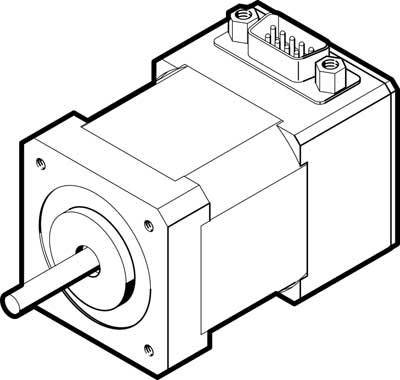 Einzelne Zeichnung eines Elektromotors mit rechteckigem Gehäuse und sichtbarer Welle. Oben sind Steckverbindungen sichtbar.