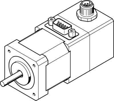 Einfaches Diagramm eines Elektromotors mit rechteckiger Form und axialer Welle. Oben sind zwei Anschlüsse erkennbar.