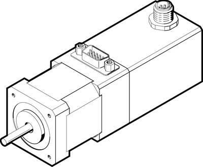 Strichzeichnung eines elektrischen Motors mit Welle, Anschlüssen und rechteckigem Gehäuse, die auf technische Details fokussiert.