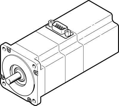 Abbildung eines Elektromotors in technischer Zeichnung mit rechteckigem Gehäuse, Rundwelle vorne und elektrischem Anschluss oben.