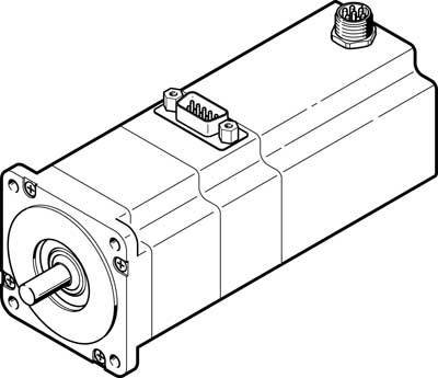 Zeichnung eines Elektromotors mit rechteckigem Gehäuse, vorne ein Wellenstumpf. Oben zwei Steckverbindungen sichtbar.