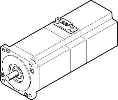 Eine schematische Zeichnung eines Elektromotors mit Welle und Anschlüssen, die die grundlegende Struktur und Anschlussdetails zeigt.