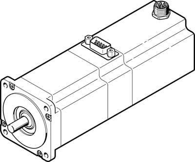 Abbildung eines Elektromotors mit Wellenanschluss und elektrischen Steckeranschlüssen oben, technische Zeichnung.