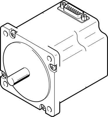 Eine technische Zeichnung eines rechteckigen Elektromotors mit Anschlusskabel oben und sichtbarer Welle vorne.