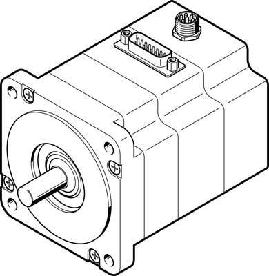 Eine technische Zeichnung eines Elektromotors mit sichtbarem Wellenende und zwei Anschlussstellen auf der Oberseite.