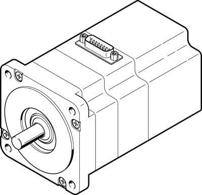 Abbildung eines Elektromotors mit rechteckigem Gehäuse und sichtbarer Welle an der Vorderseite. Oben befindet sich ein Steckverbinder.
