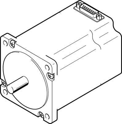 Strichzeichnung eines Elektromotors mit Anschluss auf der Oberseite und Welle auf der Vorderseite.