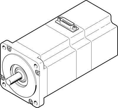Strichzeichnung eines Servomotors mit rechteckigem Gehäuse und sichtbarer Welle, verwendet in Präzisionsmaschinenbau.