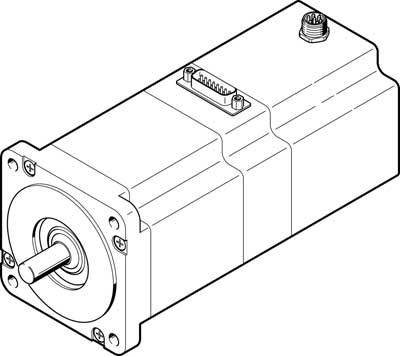 Ein schematisches Diagramm eines Elektromotors mit Anschlusssteckern und Welle, die aus der Vorderseite hervorsteht.