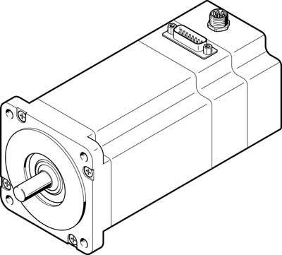 Technische Zeichnung eines Elektromotors mit rechteckigem Gehäuse, Welle vorne und elektrischen Anschlüssen oben.