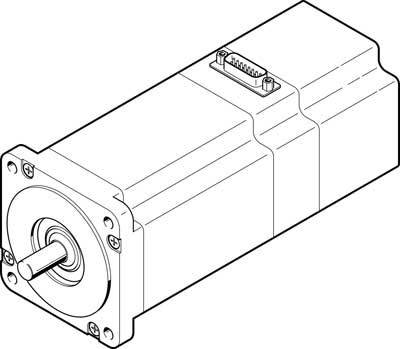 Strichzeichnung eines elektrischen Schrittmotors mit rechteckigem Gehäuse und einem Wellenstummel an der Vorderseite.