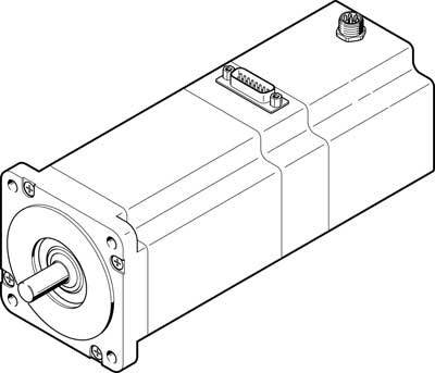 Eine technische Zeichnung eines Elektromotors mit rechteckigem Gehäuse, Flansch an der Vorderseite und Steckverbindung oben.