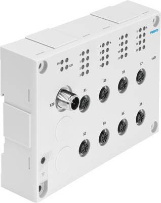 Weißes, rechteckiges elektronisches Gerätemodul mit mehreren kreisförmigen Anschlüssen und einem Drehknopf auf der Vorderseite.