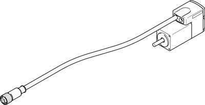 Schwarz-weiß Zeichnung eines Elektromotors mit Anschlusskabel. Der Motor hat eine rechteckige Form und einen Wellenzapfen rechts.