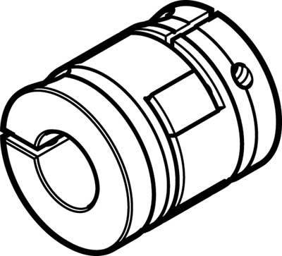 Strichzeichnung eines zylindrischen Teils mit Rillen und Öffnungen, möglicherweise ein Maschinenteil oder eine Kupplungskomponente.