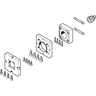 Explosionszeichnung eines mechanischen Bauteils mit mehreren Bolzen, Platten und Verbindungsstücken, die den Zusammenbau zeigen.