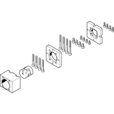 Explosionszeichnung eines mechanischen Bauteils mit Schrauben, Muttern und Flansch-Elementen, die die Montageabfolge zeigen.