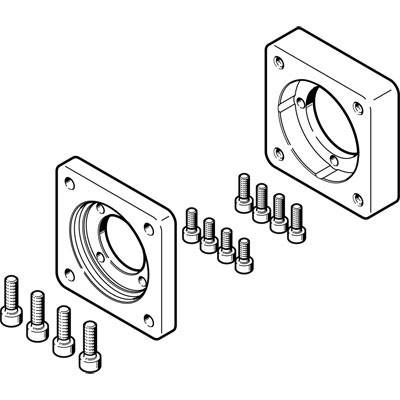 Zeichnung zweier quadratischer Flansche mit Bohrungen und mehreren Schrauben, die zur Verbindung der Flansche verwendet werden können.