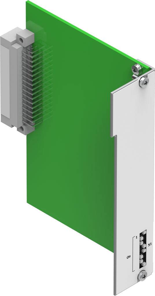 Eine grüne Leiterplatte mit Anschlüssen an der Seite und sichtbaren Schaltern oder Steckverbindungen auf der Vorderseite.