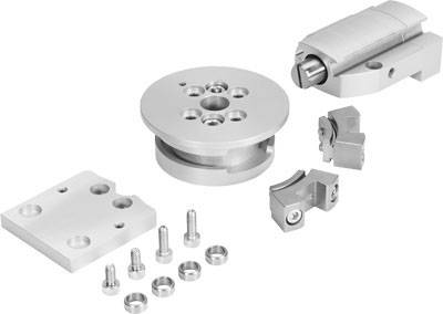 Mehrere Metallteile und Schrauben, die zusammen ein industrielles Bauteil formen. Hauptkomponenten sind eine runde Basis und eine zylindrische Einheit.