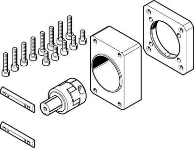 Explosionszeichnung eines mechanischen Teils, bestehend aus Schrauben, Lagereinheiten und einem Drehteil.