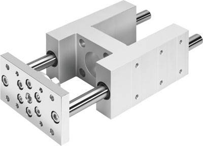 Ein rechteckiger, silberner Pneumatik-Schlitten mit zwei parallelen Führungsschienen und einer Montageplatte, eingesetzt in Präzisionsbewegungen.